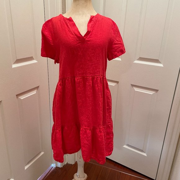 New Francesca Bettini 100% Linen Dress Women's Size L Red Tiered Design Feminine - Picture 1 of 10